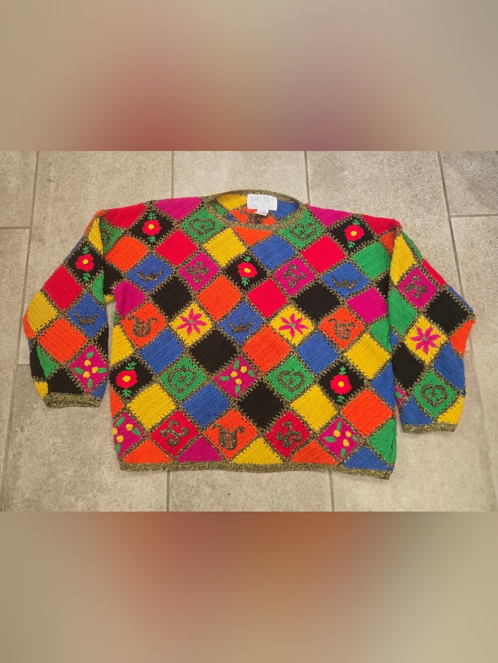 Vtg Jennifer Reed The Limited Hand Knit Patchwork Sweater Flowers Ramie P/S
